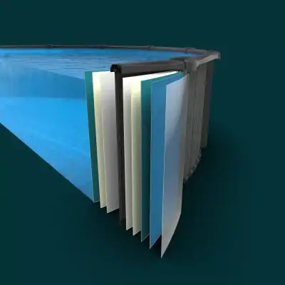 Cross-section view of Ember Drift 27' round resin above ground pool showing 52" wall layers and clear water.