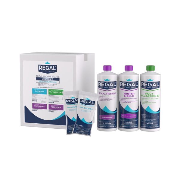 RGL-50-0005 The 20K Gal Premium Chlorinated Winter Kit shows bottles of Pool Renew, Winter Shield, and Poly-Algaecide.